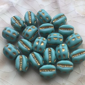 Czech Glass Small Cowrie Shell Beads - Turquoise Blue with Gold Finish - Summer, Bohemian, Seashell Bead - Small 8x6 mm - Qty 20