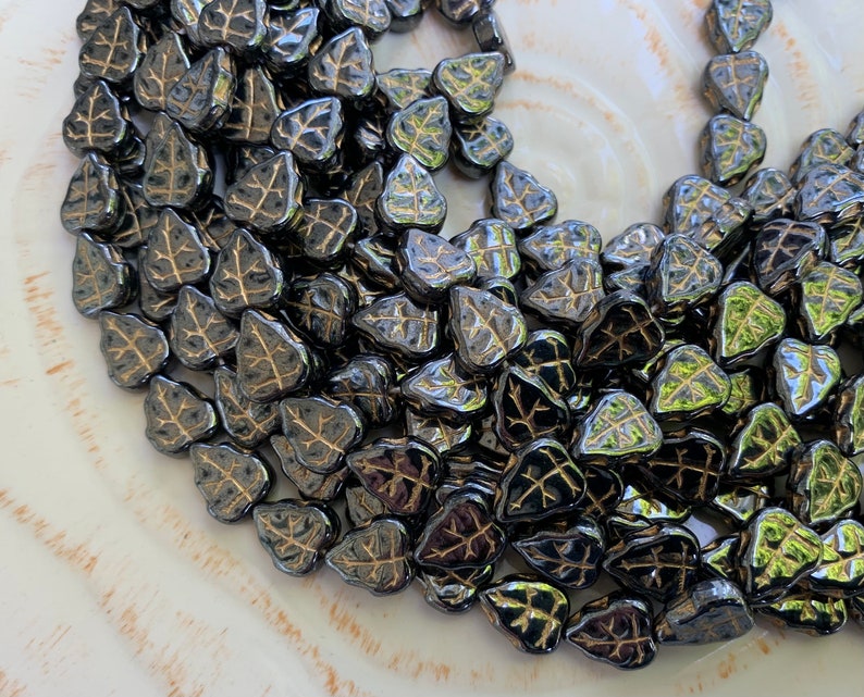 Pressed Czech Glass Gray Grey Gold Leaf Beads Pendant 11mm 20
