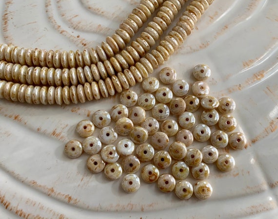 50 4mm Opaque Ivory Beige Luster Smooth Rondelles Czech Glass Beads