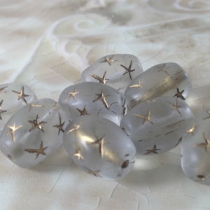 Czech Glass Chunky Oval Beads - Frosted Clear with Gold Star Details - Matte Clear Beads - Celestial, Bohemian - 13mm x 10mm -  Qty 8 or 16