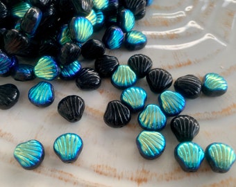 Czech Glass Small Shell Beads - Black Iris Seashell Beads - Clam Shell Beads - Half AB Finish - 8mm - Qty 40