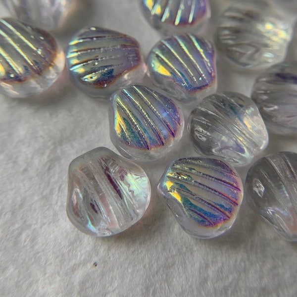 Czech Glass Small Shell Beads - Clear AB Seashell Beads - Clam Shell Beads - Summer Jewelry Making Supplies - 8mm - Qty 40