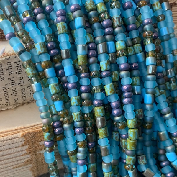 Seed Bead Mix - Lagoon - Matte Blue, Purple Luster, Aqua Picasso - Small Bead Assortment - Specialty Czech Glass - 20" Strand