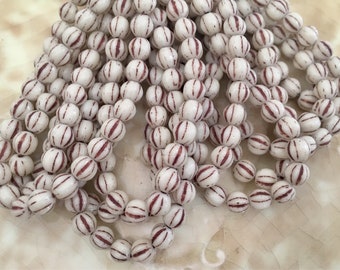 Czech Glass Melon Beads - Off White with Brown Lines - 6mm Melon Beads - Fluted, Round, Spacer, Ball - Rustic - Qty 25