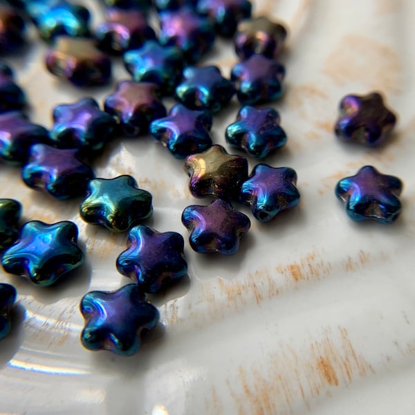 Small Czech Glass Star Beads - Blue Iris Star Beads - 6mm Flat Star Beads - Petite Celestial Beads - Metallic Blue - Qty 50 or 100