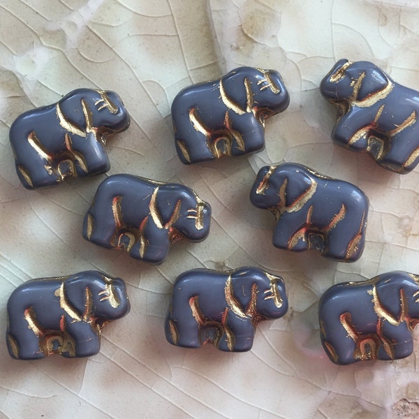 Glass Elephant Beads - Gray with Gold Details - Czech Glass Animal Bead - Bohemian, Boho, Gypsy - Small 15mm - Qty 8