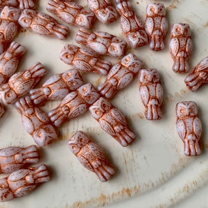 Small Czech Glass Owl Beads - White with Copper Finish - Great Horned Owls - Birds, Forest, Winter -  14 mm - Qty 20