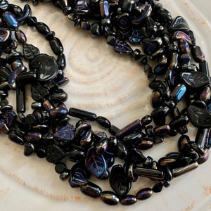 Czech Glass Black Bead Mix - Black Iris Leaves, Tubes, Drops, Ovals - Large Bead Assortment - Mixed Bead Set - Bead Lot - 16&quot; Strand