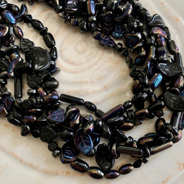 Czech Glass Black Bead Mix - Black Iris Leaves, Tubes, Drops, Ovals - Large Bead Assortment - Mixed Bead Set - Bead Lot - 16" Strand