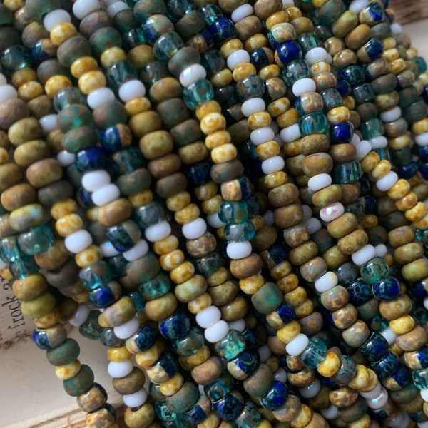 Czech Glass Aged Seed Bead Mix - Mythology - White, Brown Picasso, Green, Cobalt - Tiny Bead Assortment - 20" Strand