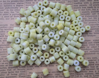 Vintage Czech Glass Tube Beads - Pale Yellow and White with Matte Finish - 6.5mm Barrel Beads - Qty 50