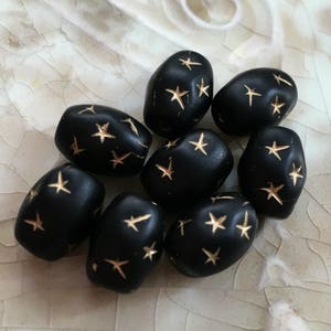 Czech Glass Chunky Oval Beads - Matte Black with Gold Star Details - Celestial, Bohemian - 13mm x 10mm -  Qty 8 or 16