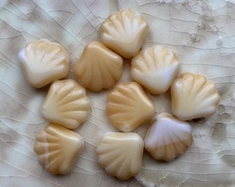 Czech Glass Scallop Shell Beads - Butterscotch and White - Seashell, Clam, Ocean, Beach  Bead - 14mm - Qty 10