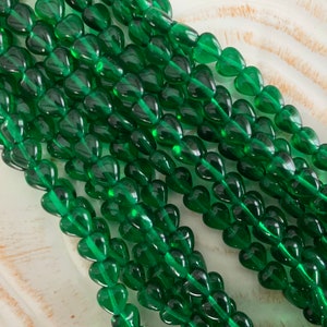 Czech Glass Green Heart Beads - Transparent Emerald Green - Small 6mm Heart Beads with Vertical Hole - St Patty&#39;s Day Beads - Qty 50 or 100