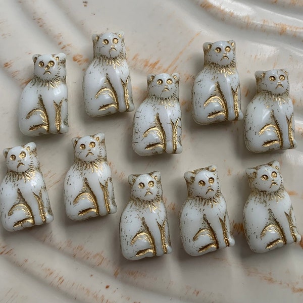 White and Gold Cat Beads - Czech Glass Sitting Kitten Beads - Seated Cats - Small 14 mm - Qty 10 or 20