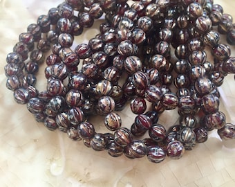 Deep Red Melon Beads - Metallic Brown Picasso Finish - Ball, Spacer, Fluted, Round - 6mm Czech Glass - Qty 25 or 50