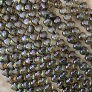 Czech Glass Heart Beads - Transparent Green Picasso - 6mm Heart Beads with Vertical Hole - Small Valentine&#39;s Day Beads - Qty 50 or 100