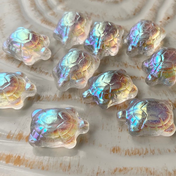 Large Turtle Beads - Clear AB Sparkle - Czech Glass Sea Turtle Beads - Ocean, Summer Theme - Beach Jewelry Supplies - 19mm - Qty 10