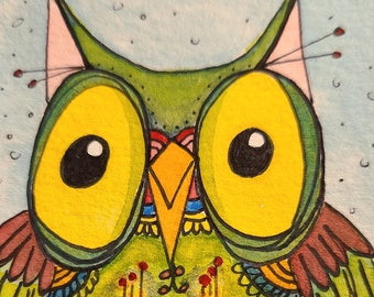 ATC ACEO Art Cards Art Card Artist Trading Cards Original Big Eyed Owl Green Hoot Cute Art OOAK Gift Ceville Designs Watercolors on Paper