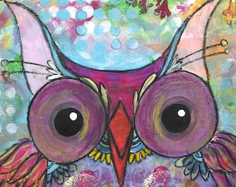 Mixed Media Owl Purple Lavender Pink Cute Owl Art Love Original Gift Ceville Designs