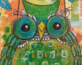 Art Jigsaw Puzzles, Fine Art Puzzles, Jigsaw Puzzle Artist, Owl Jigsaw Puzzle, Bird Puzzle, Cute Owl, Mixed Media Art, Cute Owl Art, Green
