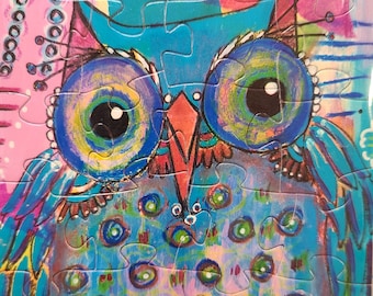 Art Jigsaw Puzzles, Fine Art Puzzles, Jigsaw Puzzle Artist, Owl Jigsaw Puzzle, Bird Puzzle, Cute Owl, Mixed Media Art, Cute Owl Art, Blue