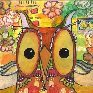 Mixed Media Orange Yellow Red Flowers Cute Owl Art Love Original Gift Ceville Designs image 1