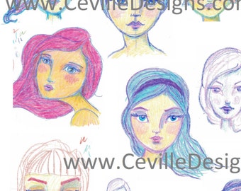 Female Faces, Digital Image for Papercraft, Printable Image, Collage Sheet, Craft Project, Cards, Journals Ceville Designs