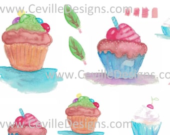 Cupcakes, Leaves, Digital Image for Papercraft, Printable, Collage Sheet, Craft Project, Cards, Journals Ceville Designs