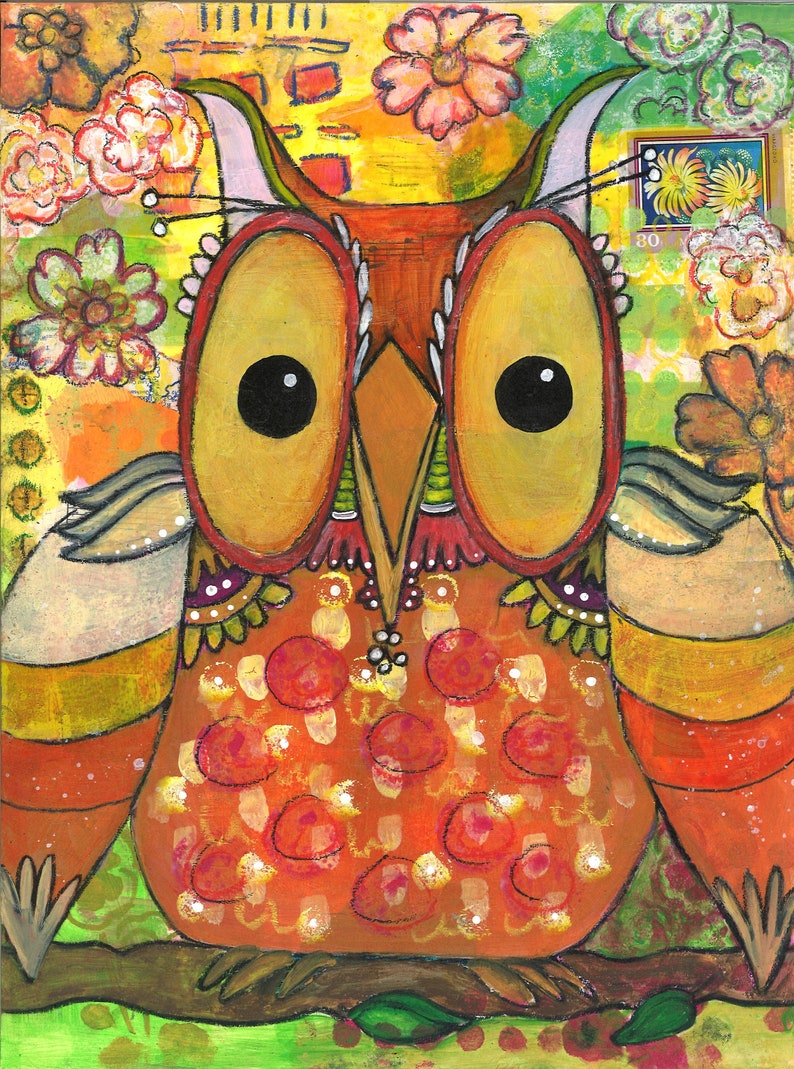 Mixed Media Orange Yellow Red Flowers Cute Owl Art Love Original Gift Ceville Designs image 1