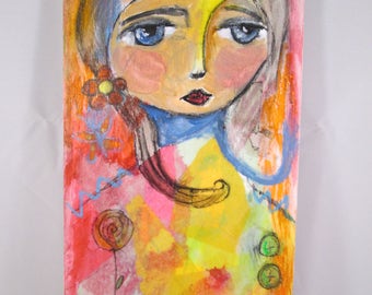 Original Mixed Media Girl with Red Rose Wood Canvas OOAK Ceville Designs