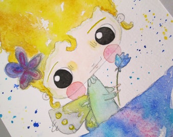 Original Mixed Media Watercolor Flower Fairy Girl Fairies Purple Blue by Ceville Designs