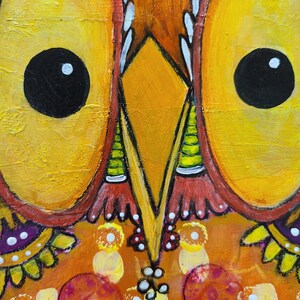 Mixed Media Orange Yellow Red Flowers Cute Owl Art Love Original Gift Ceville Designs image 4