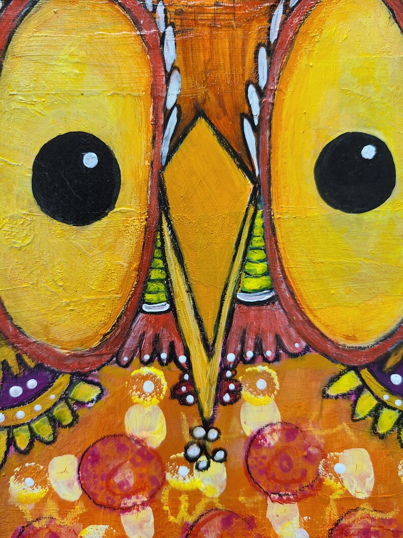 Mixed Media Orange Yellow Red Flowers Cute Owl Art Love Original Gift Ceville Designs image 4