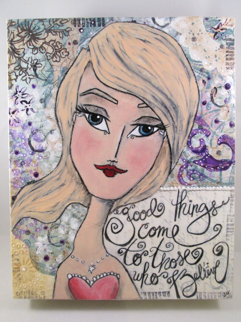 Mixed Media Girl with Blue Eyes Purple Flowers White Accents Ceville Designs image 2