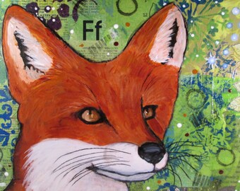 Original Mixed Media Fox on Wood Canvas OOAK Ceville Designs