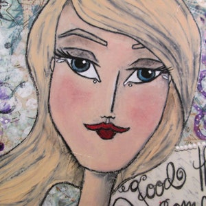 Mixed Media Girl with Blue Eyes Purple Flowers White Accents Ceville Designs image 5