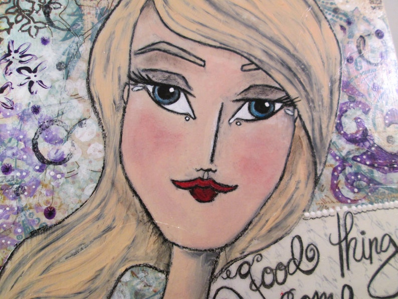 Mixed Media Girl with Blue Eyes Purple Flowers White Accents Ceville Designs image 5