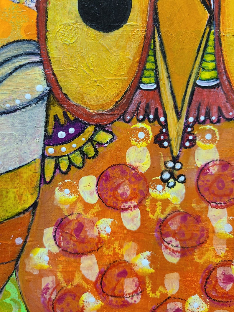 Mixed Media Orange Yellow Red Flowers Cute Owl Art Love Original Gift Ceville Designs image 2