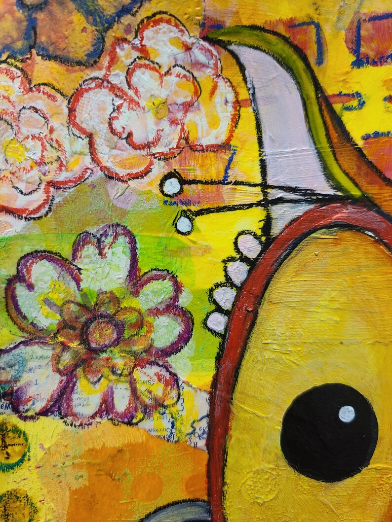 Mixed Media Orange Yellow Red Flowers Cute Owl Art Love Original Gift Ceville Designs image 3