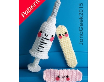 Happy Syringe, Tongue Depressor, and Bandage Amigurumi Crochet Pattern