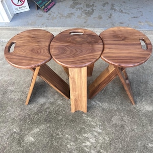 Folding stool or side table Musician or Artist stool. Folding chair.Handcrafted. Folds flat for storage 615mm high. One off set in Walnut