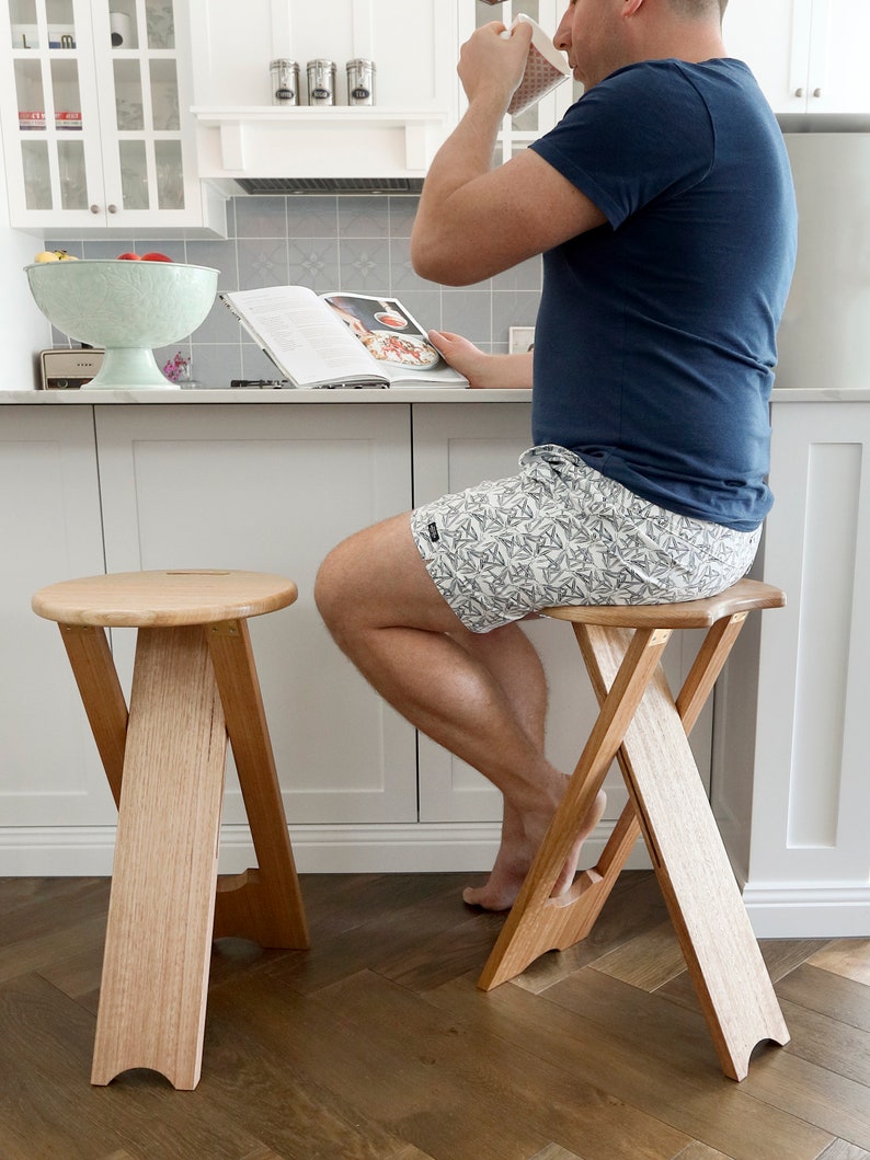 LOB UP set of three 615mm high artists stool musicians stool unique design handcrafted folding chair. Now includes wall mount pegs. image 8