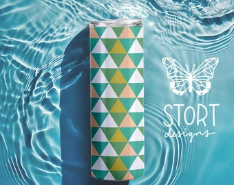 May include: A stainless steel tumbler with a geometric pattern of green, pink, and yellow triangles. The tumbler is in a pool of water.