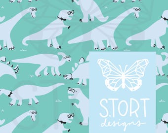 Green and Blue Dino Nerds Repeat Print, Nerdy Dinosaur Seamless Pattern, Digital Paper, Digital Download, Commercial Use