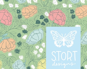 Big Light Green, Pastel Blossom Print, Spring Floral Outline Seamless Pattern, Digital Paper, Digital Download, Commercial Use
