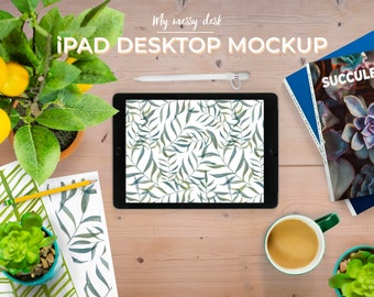 iPad Desktop Mockup Vol 1 - Repositional Objects - Movable items in desktop mockup - Paper, Ipad, coffee, books, pencil, and plants