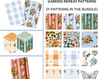 Fox Glove Watercolor Garden Flowers and Stripes Bundle, Digital Repeat Pattern Download for Fabric, Stationery, Sublimation