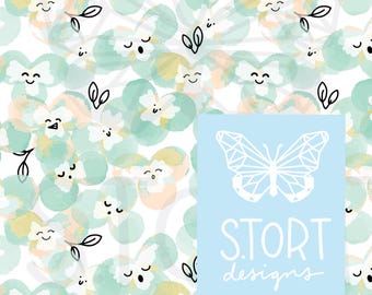 Pastel Aqua Pansy Friends with Kawaii Face Print, Watercolor Pansy Seamless Pattern, Digital Paper, Digital Download, Commercial Use