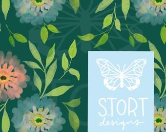 Watercolor blooms on a dark green background Print / Pink and blue flower Seamless Pattern, Digital Paper, Digital Download, Commercial Use